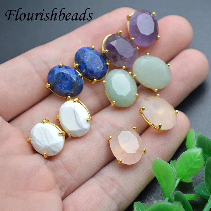 Natural Stone Faceted Stud Earring Rose Quartz Crystal Amethyst Howlite Fine Jewelry for Women Ear Earring 5pairs/lot