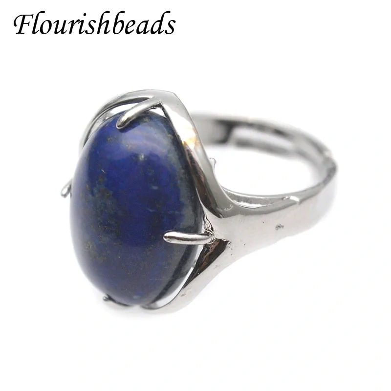 Natural Stone Smooth Oval Cabochon Rings Quartz Amethyst Crystal Lapis Obsidian Adjustable Ring Fine Jewelry