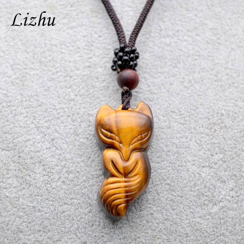 Natural Tiger Eye Gemstone Carved Fox Shape Animal Pendants Necklace Unique Adjustable Cord Jewelry Party Gift
