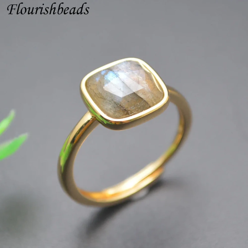 Luxury Shiny Natural Labradorite Geometric Square Ring Adjustable Size Finger Ring Couple Yoga Healing Jewelry Gift