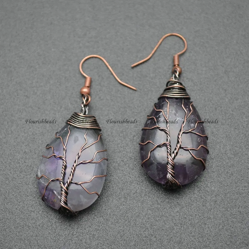 Vintage Faded Water Drop Natural Rose Quartz Amethyst Life Tree Guard Mineral Jewelry Fashion Woman Decoration Earrings DIY Gift