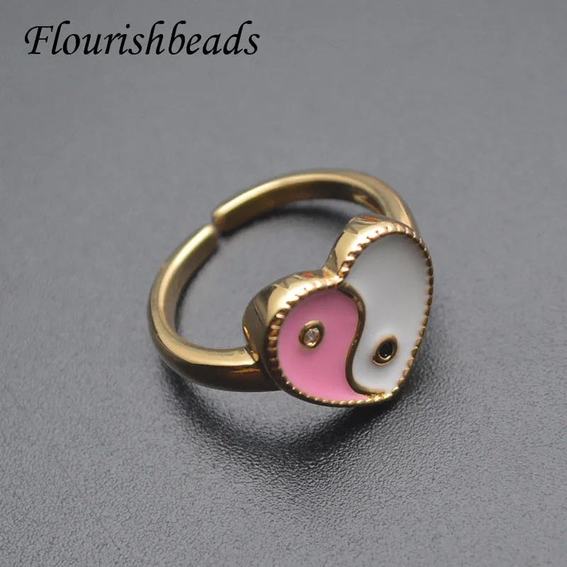 Hot Sell Vintage Rainbow Color Enamel Yin Yang Heart Rings Adjustable Couple Ring for Women Fashion Party Gift