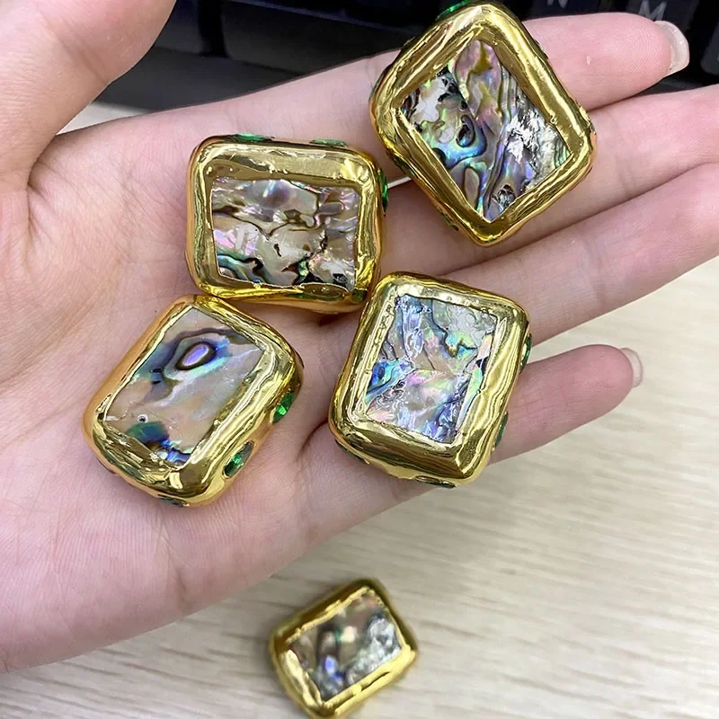 5-10pcs Natural Abalone Shell Gold Plated Flat Square Loose Beads Paved Green Crystal Pendant for DIY Jewelry Necklace Earrings