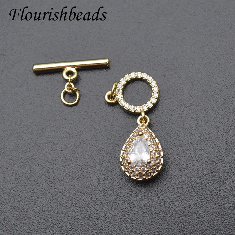 Luxury Big CZ Pave Gold Color Anti Fading Drop Shape O Toggle Clasp DIY Necklace Accessories for Jewelry Making 5pcs/lot