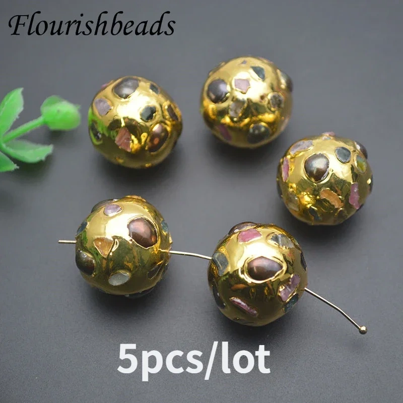 Natural Gray Pearl Gold Plated Paved Gemstone Round Ball Loose Beads for Women DIY Jewelry Making Necklace 5-10pcs/lot