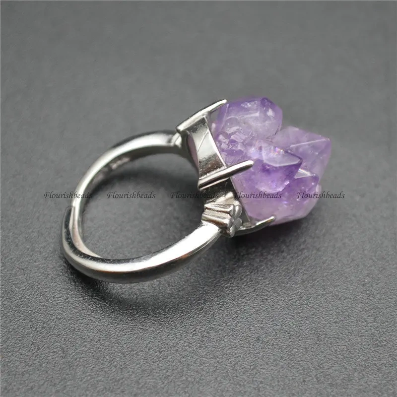 Best-selling Natural Amethyst Druzy Irregularl Shape Gemstone Rings Fashion Man Woman Party Jewelry Size Adjustable Gift