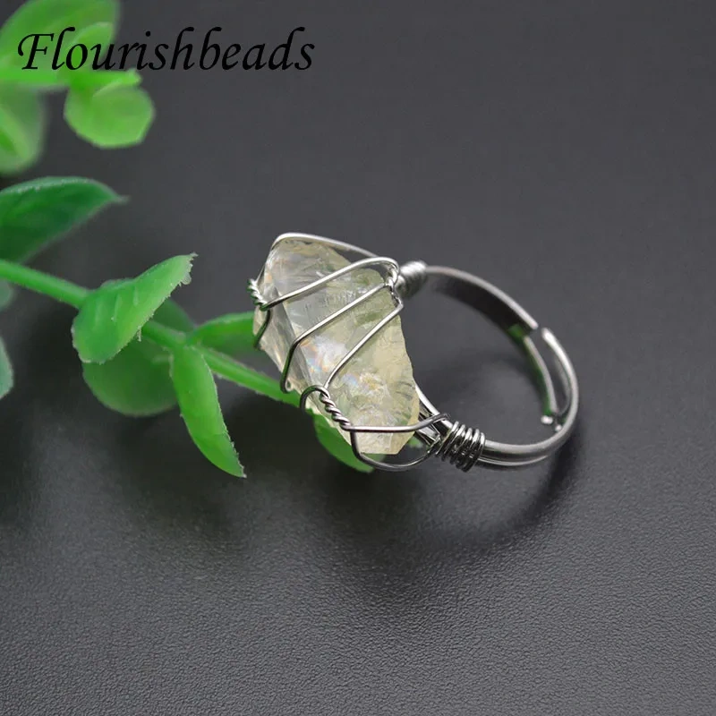 Natural Stone Quartz Crystal Rings Wire Wrap Irregular Citrine Aquamarine Obsidian Adjust Finger Ring Jewelry for Women Gifts