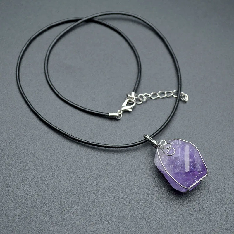 Cute Natural Amethyst Freeform Nugget Pendant Blace Cord Chains Necklace Fashion Energy Jewelry Crystal Healing Gem
