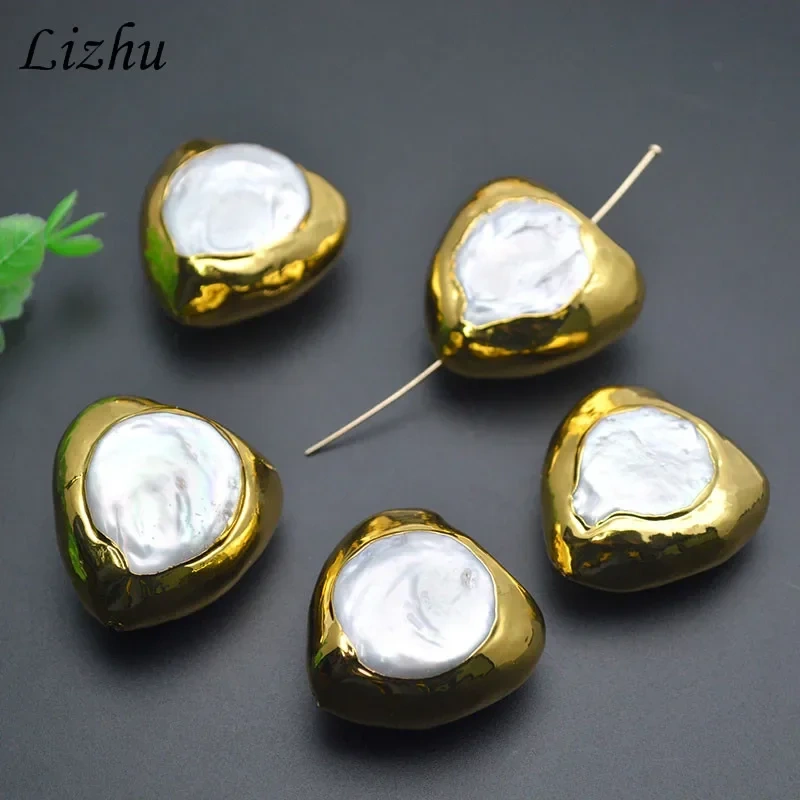 Real Gold Plated Cultured Pearl Big Size Heart Shape Through Hole Loose Beads for DIY Jewelry Making Necklace 5pcs/lot