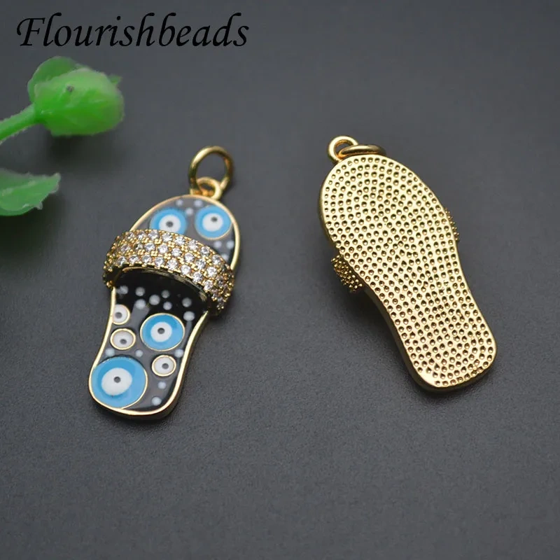 10pcs Paved CZ Beads Turkish Blue Evil Eye Enamel Slipper Pendant Charm Shoe for Handmade Jewelry Making Necklace