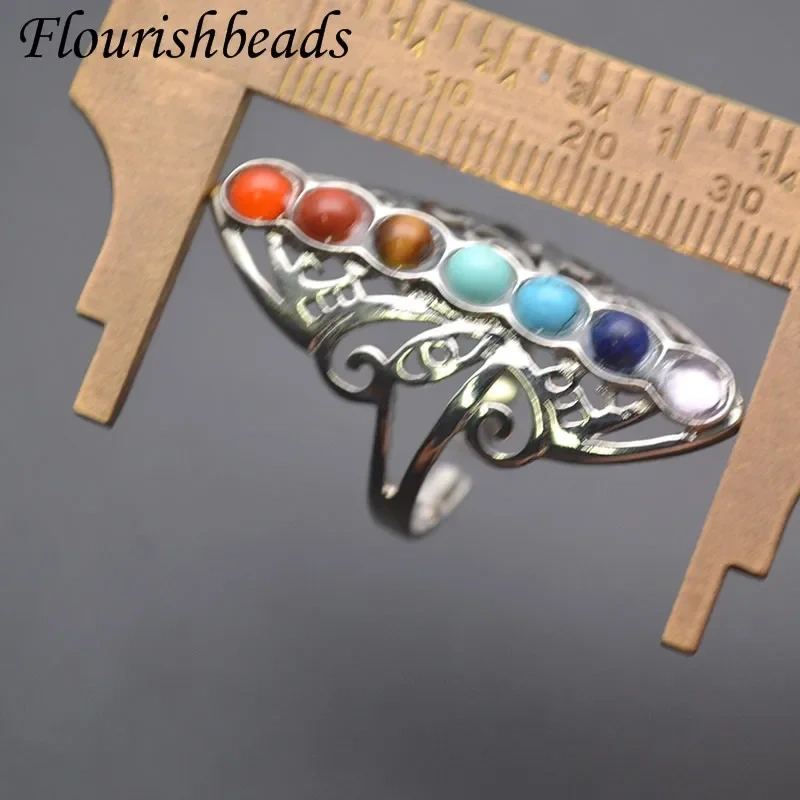 Natural Stone Seven Chakra Ring Turquoise Amethyst Tiger Eye Agate Mineral Jewelry Meditation Healing Yoga Ring