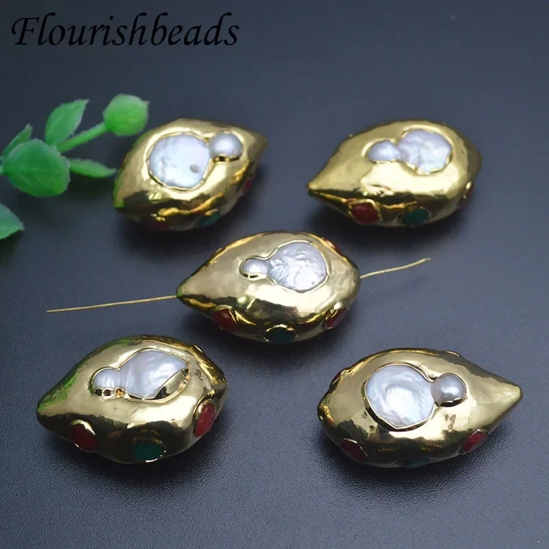 Gold Plated Natural Freshwater Pearls Bead Paved Dyed Stone Through Hole Loose Beads for DIY Jewelry Making 5pcs/lot