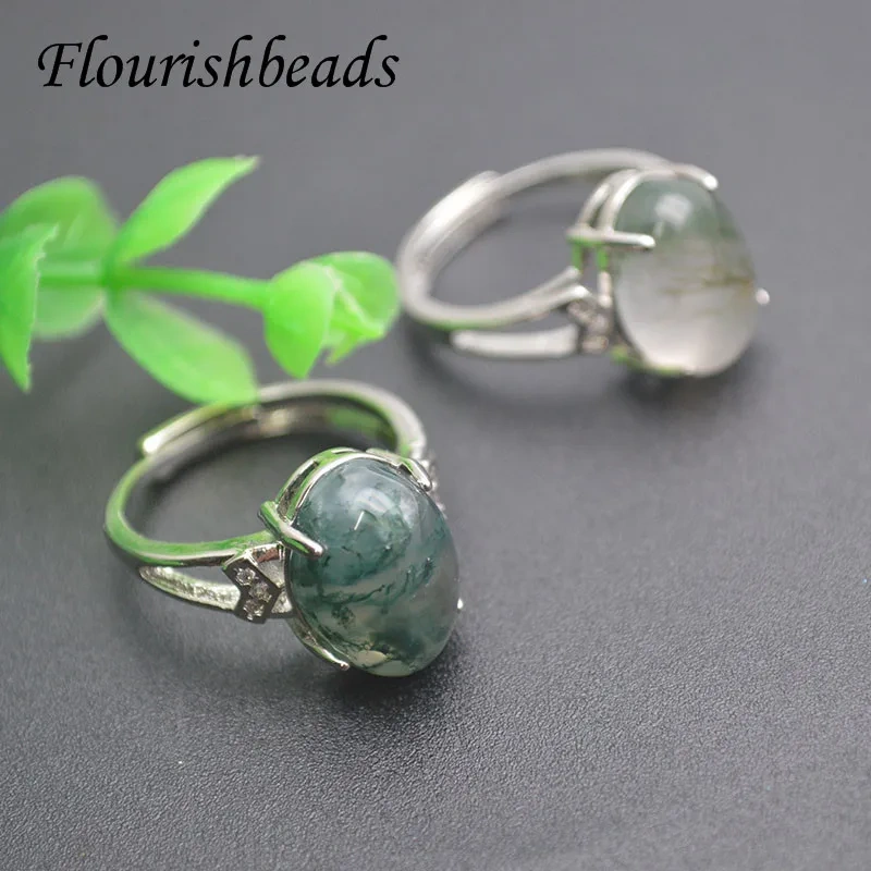 Natural Stone Ocean Water Moss Agate Rings 10x14mm Cabochon Adjustable Ring for Women Fashion Jewelry Gift 1-3pcs/lot
