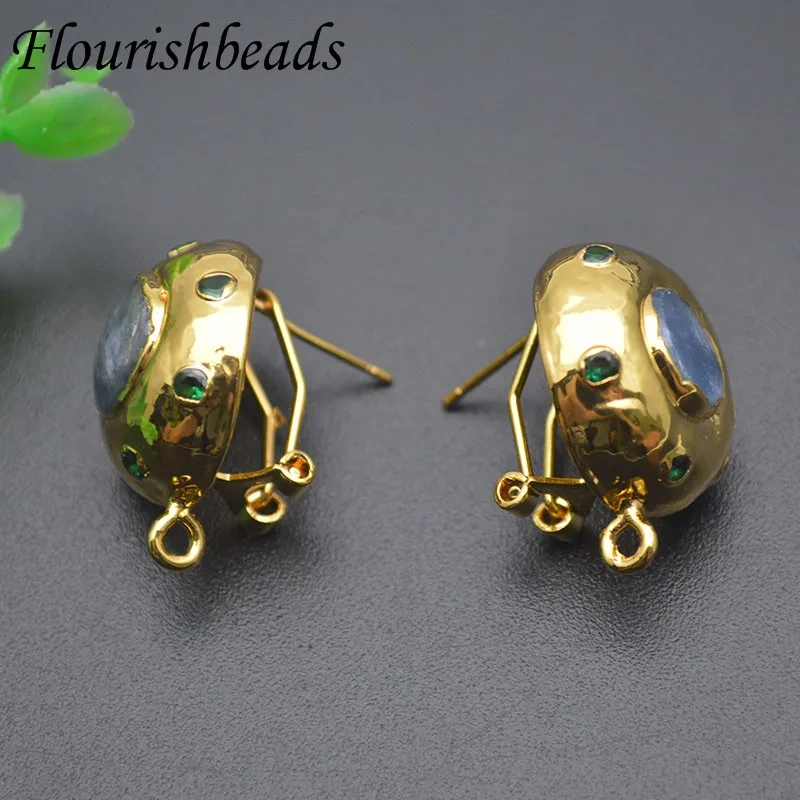 Natural Stone Gold Plated Paved Green Agate Earring Hooks Leverback Earwire for Retro Jewelry Making 1pairs