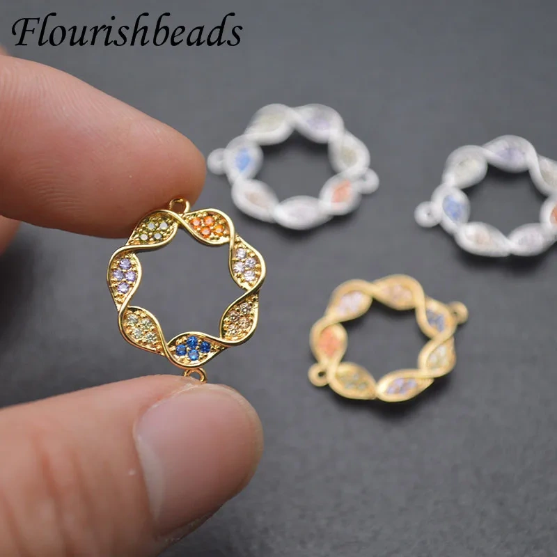 Copper Metal Plated Paved Zirconia Round Wave Shaped Connector Diy Jewelry Bracelet Accessories 22pcs/lot
