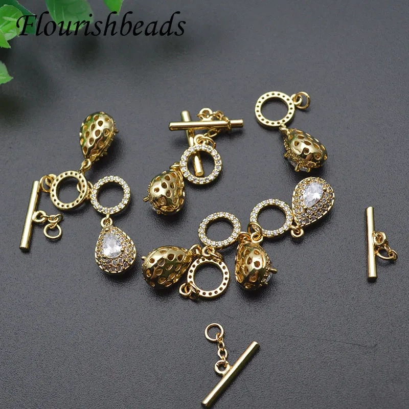 Luxury Big CZ Pave Gold Color Anti Fading Drop Shape O Toggle Clasp DIY Necklace Accessories for Jewelry Making 5pcs/lot