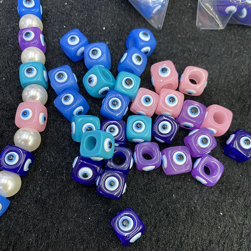Hot Sell 12mm Square Turke Evil Eye Big Hole Resin Loose Spacer Beads for DIY Jewelry Making Necklace Accessories 100pcs/lot
