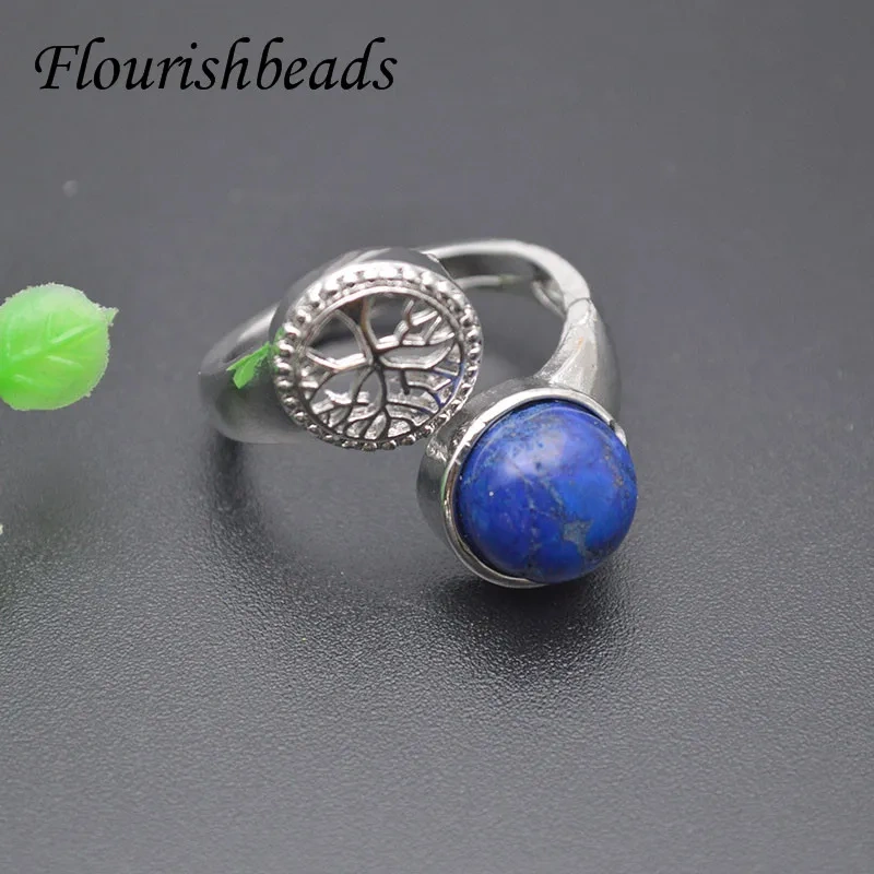 Natural Round Gemstone Life Tree Open Ring Healing Crystal Agates  Aventurine Lapis Adjustable Rings for Women Party Gift