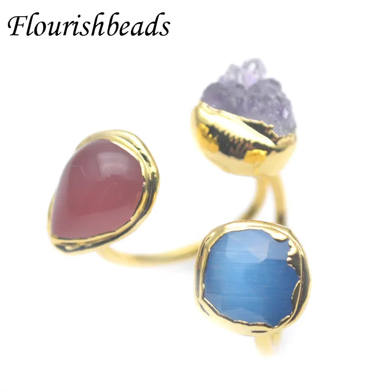 Unique Style Natural Red Agate Amethyst Crystal Beads Paved Adjustable Rings for Women Man Fashion Jewelry