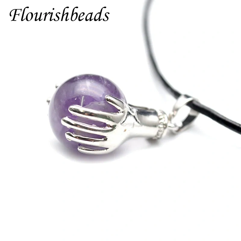 Natural Stone Hands Hold Round Ball Shape Pendant Leather Cord Chain Necklace Reiki Healing Jewellery Gift