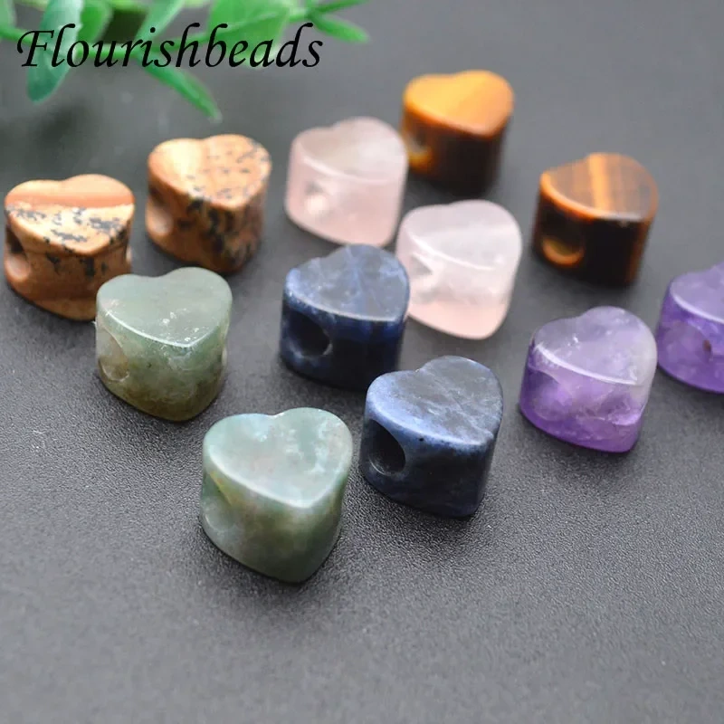 5mm Big Hole Cute Heart Shape Gemstone Loose Beads DIY Materials 10pcs (Amethyst / Tiger Eye / Moss Agate / Green Aventurine)