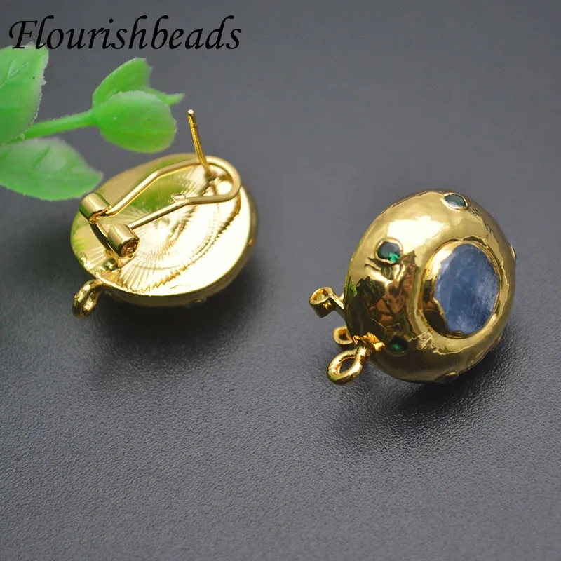 Natural Stone Gold Plated Paved Green Agate Earring Hooks Leverback Earwire for Retro Jewelry Making 1pairs