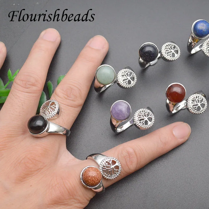 Natural Round Gemstone Life Tree Open Ring Healing Crystal Agates  Aventurine Lapis Adjustable Rings for Women Party Gift