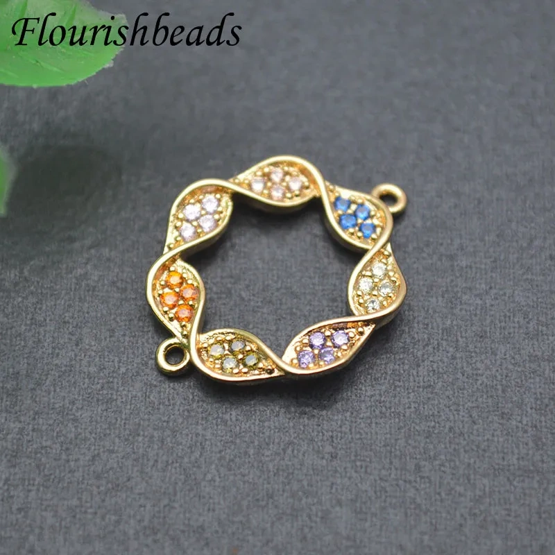 Copper Metal Plated Paved Zirconia Round Wave Shaped Connector Diy Jewelry Bracelet Accessories 22pcs/lot