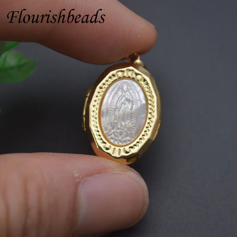 Mother of Pearl MOP Beliefs Virgin Mary Christ Jesus Shape Can Be Opened Pendant for DIY Locket Necklace Jewelry Gift