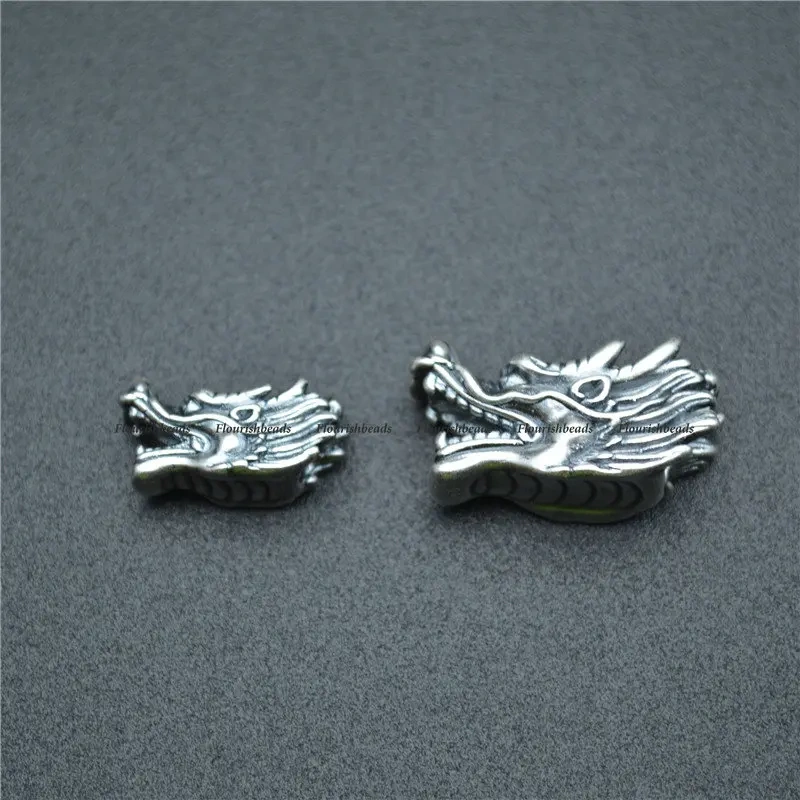 Chinese Dragon Head Beads Vintage S999 Anti Silvery Charms Fits Bracelet Necklace Making Small 7x19mm / Big 10x26mm