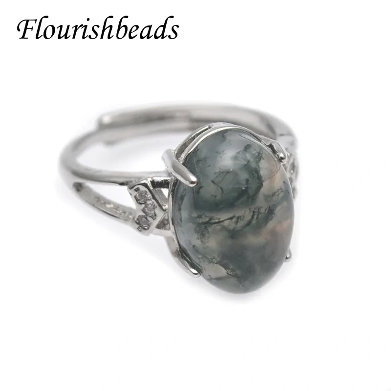 Natural Stone Ocean Water Moss Agate Rings 10x14mm Cabochon Adjustable Ring for Women Fashion Jewelry Gift 1-3pcs/lot