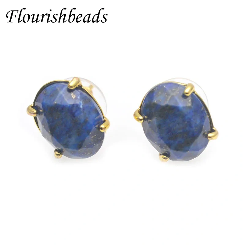 Gold Plated Natural Stone Lapis Oval Stud Earrings Amethysts Rose Quartz Crystal Simple Ear Jewelry for Women