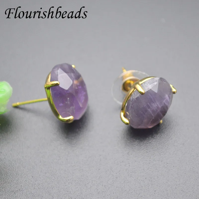 1 Pairs Natural Gemstone Amethyst Quartz Crystal Faceted Oval Gold Color Ear Stud Earring Post for Women Girl Party Jewely Gift