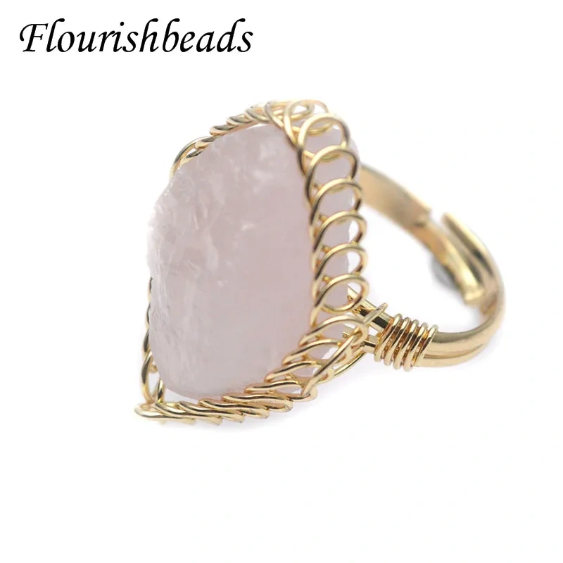 Natural Crystal Stone Rings Gold Wire Wrap Women Men Healing Amethysts Fluorite  Obsidian Adjustable Fashion Nickel Free Ring