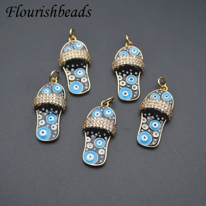 10pcs Paved CZ Beads Turkish Blue Evil Eye Enamel Slipper Pendant Charm Shoe for Handmade Jewelry Making Necklace