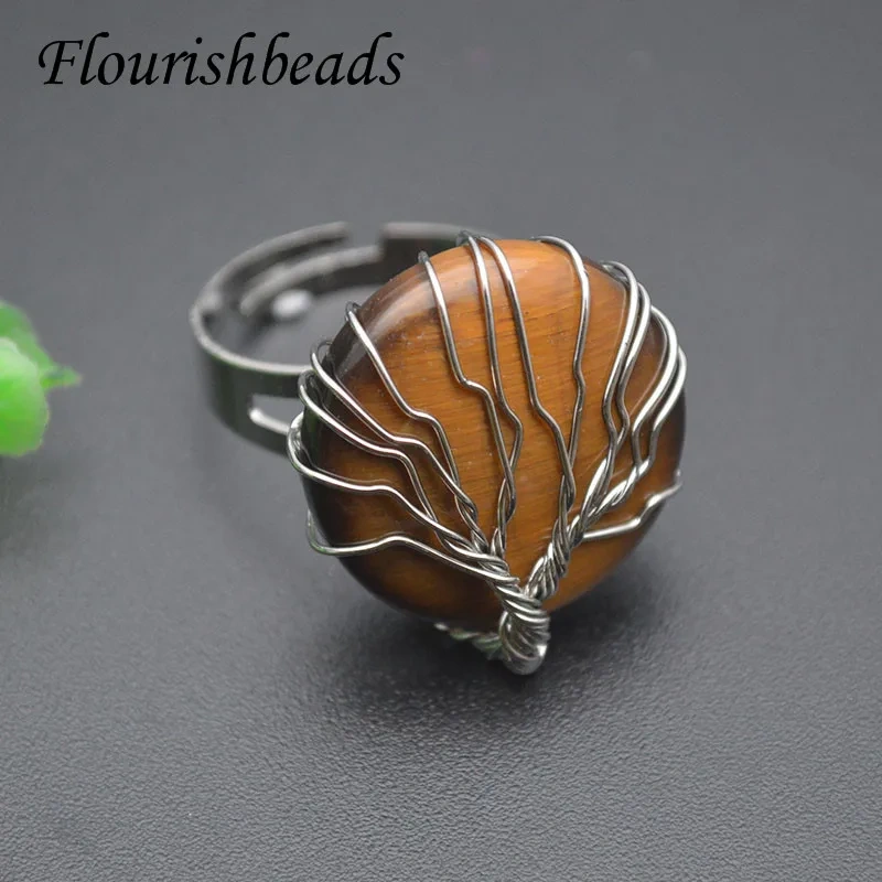 Natural Stone Crystal Rings Silver Color Wire Wrap Round Tiger Eye Unakite Opal Stone Quartz Adjust Finger Rings for Women Gift