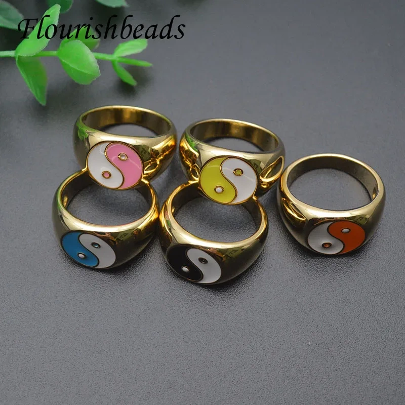 Copper Gold Plated Nickel Free Rainbow Yinyang Enamel  Small Rings for Couple Rings Finger Ring Jewelry Size 7.8-8.3