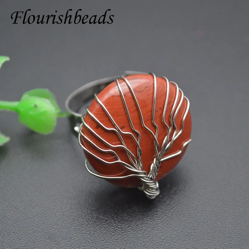Natural Stone Crystal Rings Silver Color Wire Wrap Round Tiger Eye Unakite Opal Stone Quartz Adjust Finger Rings for Women Gift