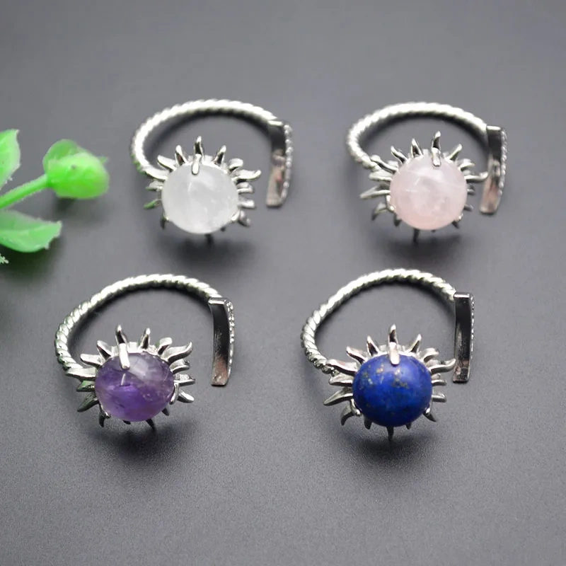 5pcs/lot Natural Lapis Amethyst Rose Quartz Sun Shape Crystal Open Ring Metal Copper Band for Wedding Women Jewelry
