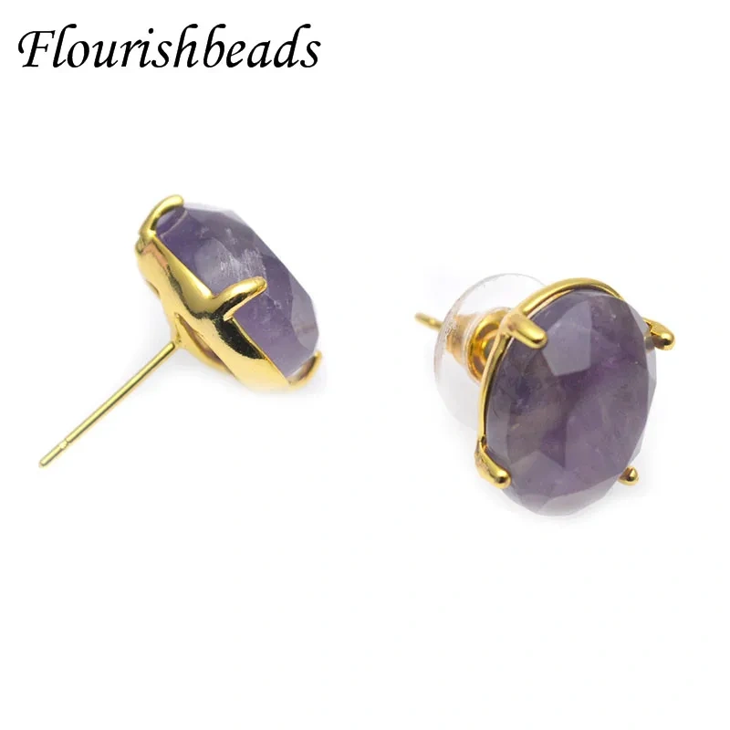 1 Pairs Natural Gemstone Amethyst Quartz Crystal Faceted Oval Gold Color Ear Stud Earring Post for Women Girl Party Jewely Gift