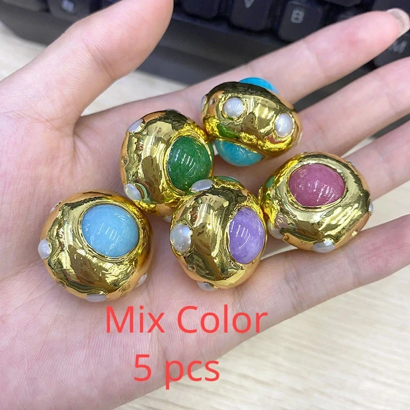 Irregular Round Colorful Stone Gold Plated Natural Pearl Through Hole Loose Beads for DIY Jewelry Making Accessories