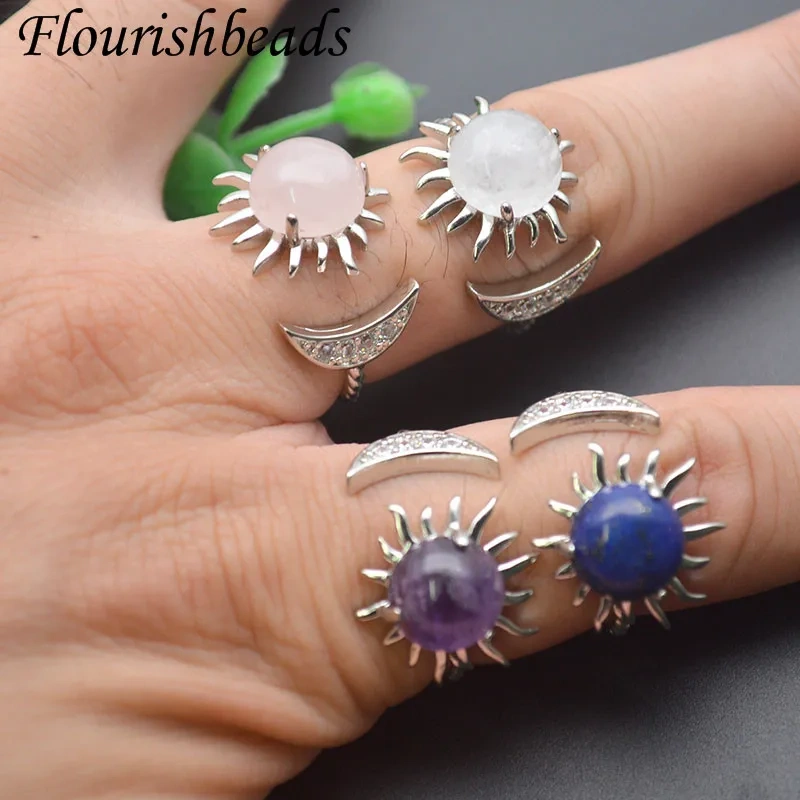 5pcs/lot Natural Lapis Amethyst Rose Quartz Sun Shape Crystal Open Ring Metal Copper Band for Wedding Women Jewelry