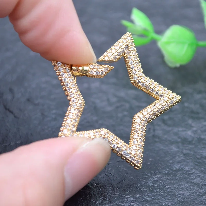 Gold Color Real CZ Beads Paved Star Shape Lock Carabiner Push In Clasp DIY Bracelet Necklace Accessories for Jewelry