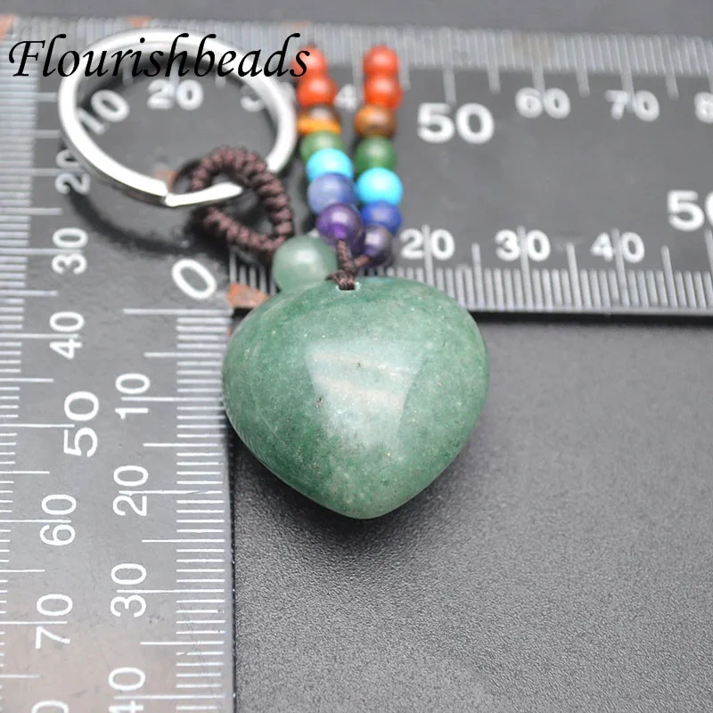 Heart Natural Crystal Keychains 7 Chakra Healing Stone Pink Quartz Tiger Eye Keyring Rhodium Color Car Key Holder Decoration