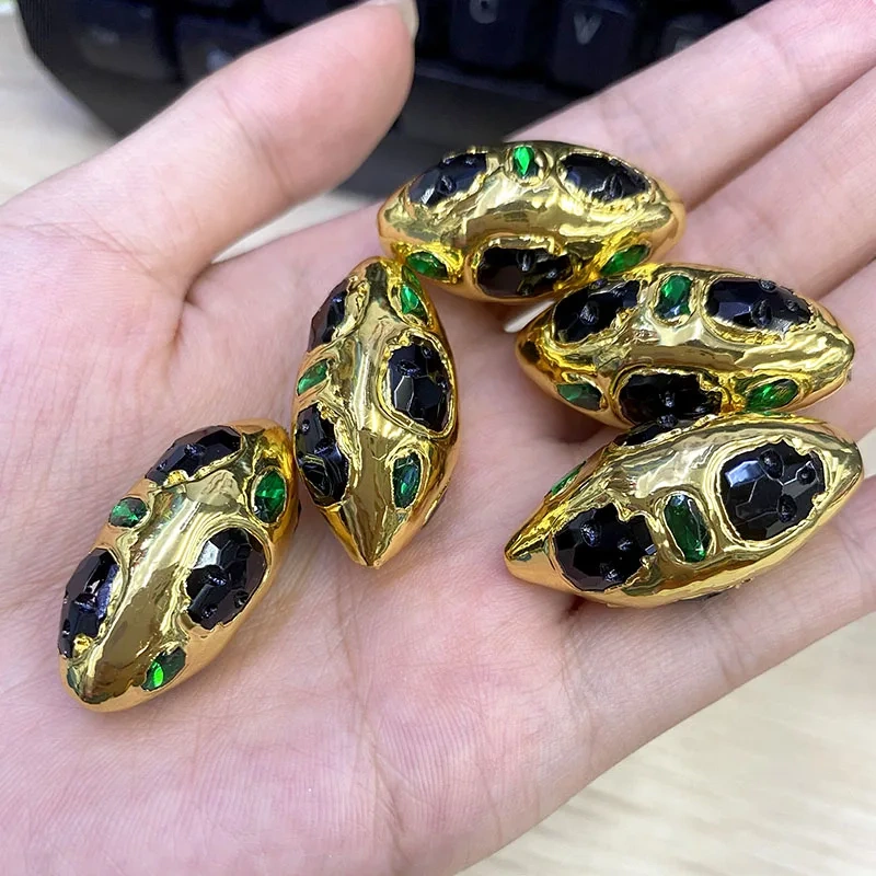 High Quality Bohemian Style Gold Plated Black Zirconia Through Hole Loose Bead Oval Decorative Beads 10pcs/lot