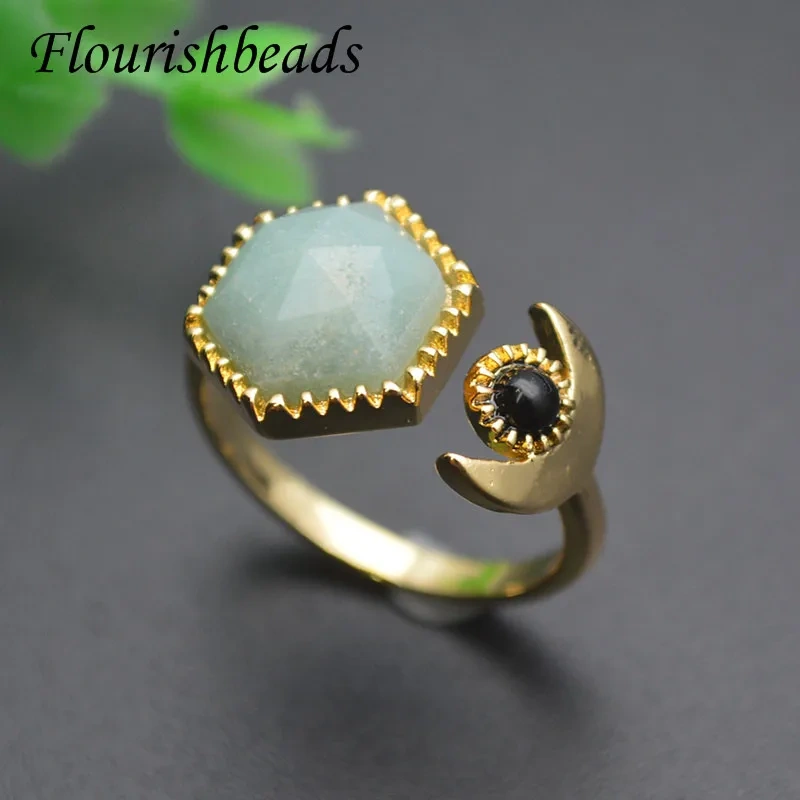 Wholesale Various Natural Stone Rings Hexagon Malachite Sunstone Apatite Adjustable Size Rings Healing Jewelry Gift