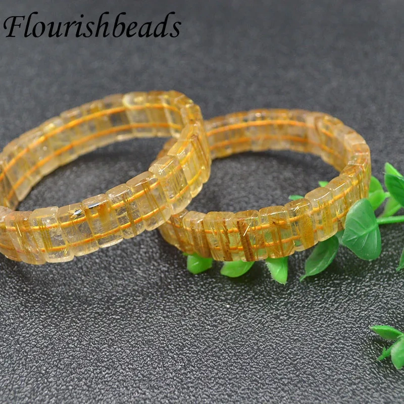 Luxury Natural Rutile Quartz Rounded Rectangle Piece Beads Bracelet Elastic Line Bracelets Fine Jewelry