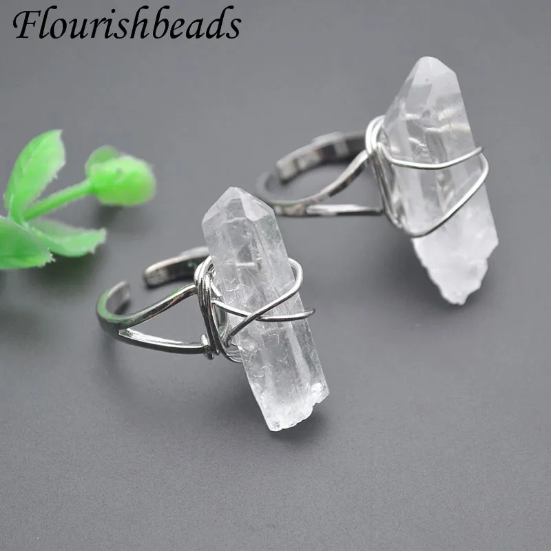 Natural Stone Hand Wound White Crystal Quartz Irregular Raw Stone Open Ring Healing Meditation Jewelry Gift