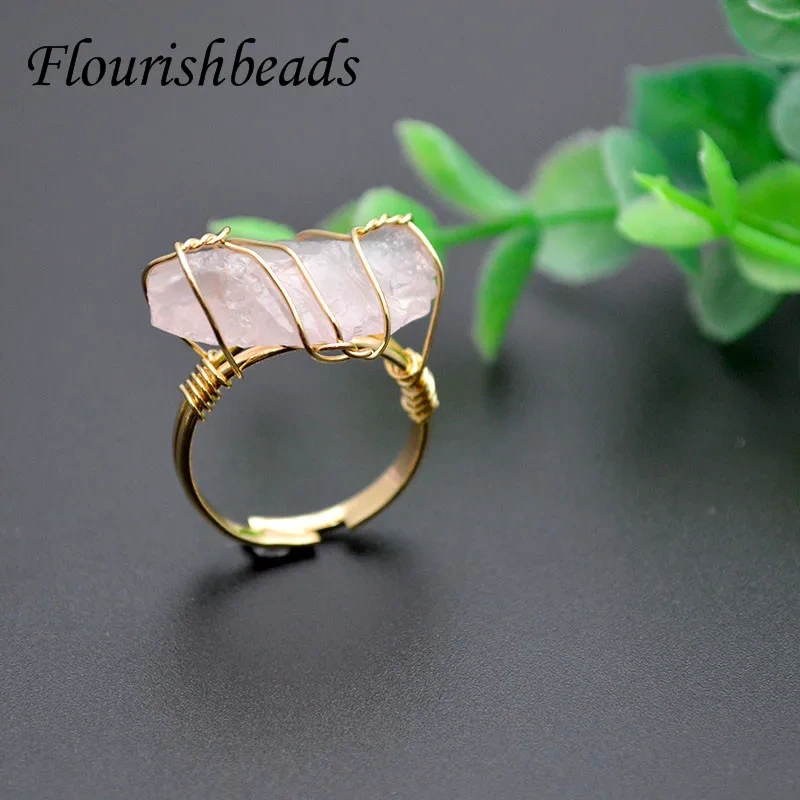 Fashion Irregular Raw Natural Stone Wire Wrap Tourmaline Agate Rose Quartz Crystal Finger Open Resizable Ring for Women