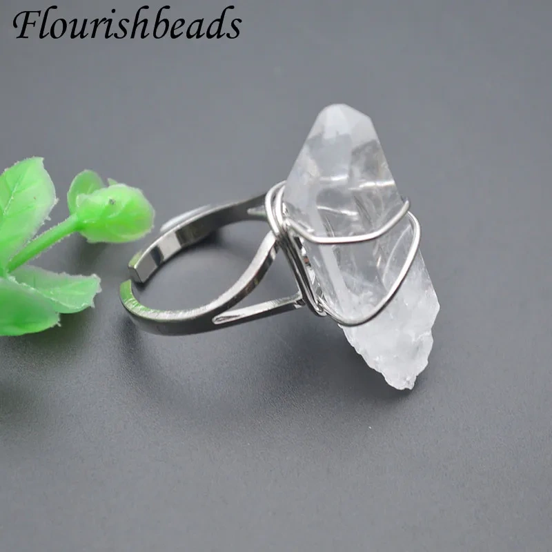 Natural Stone Hand Wound White Crystal Quartz Irregular Raw Stone Open Ring Healing Meditation Jewelry Gift